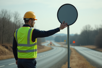 Agent de sécurité vérifiant un miroir routier en campagne