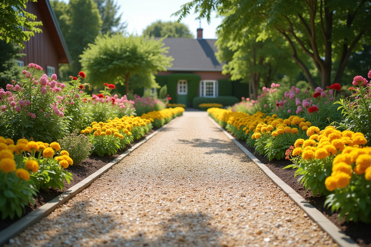 Allée de gravier bordée de fleurs en plein soleil
