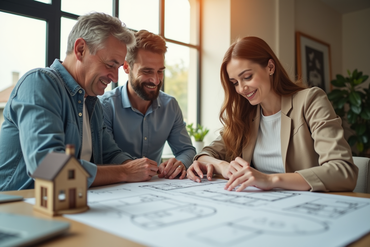 Architecte et couple planifiant extension maison dans un bureau lumineux