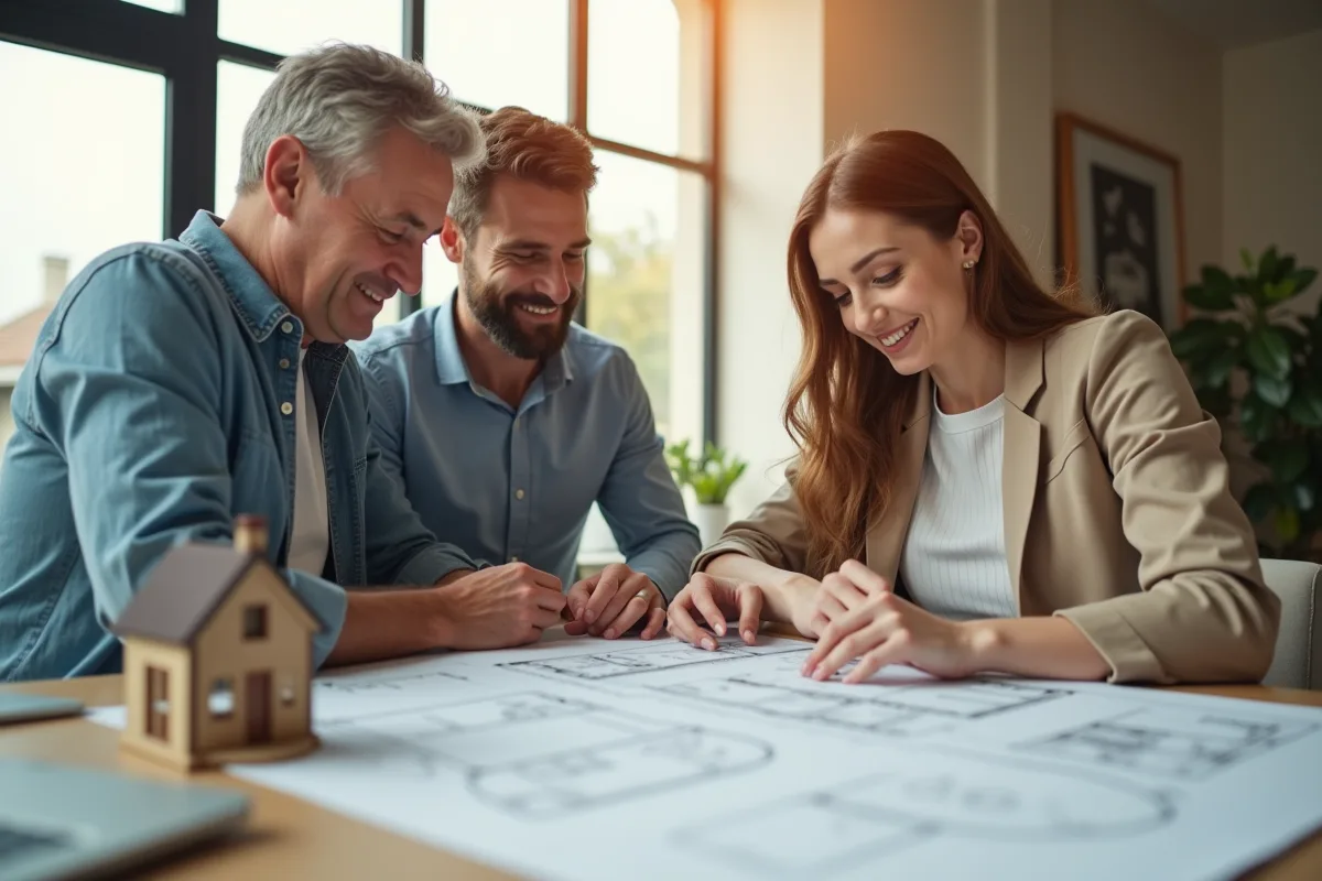 Architecte et couple planifiant extension maison dans un bureau lumineux