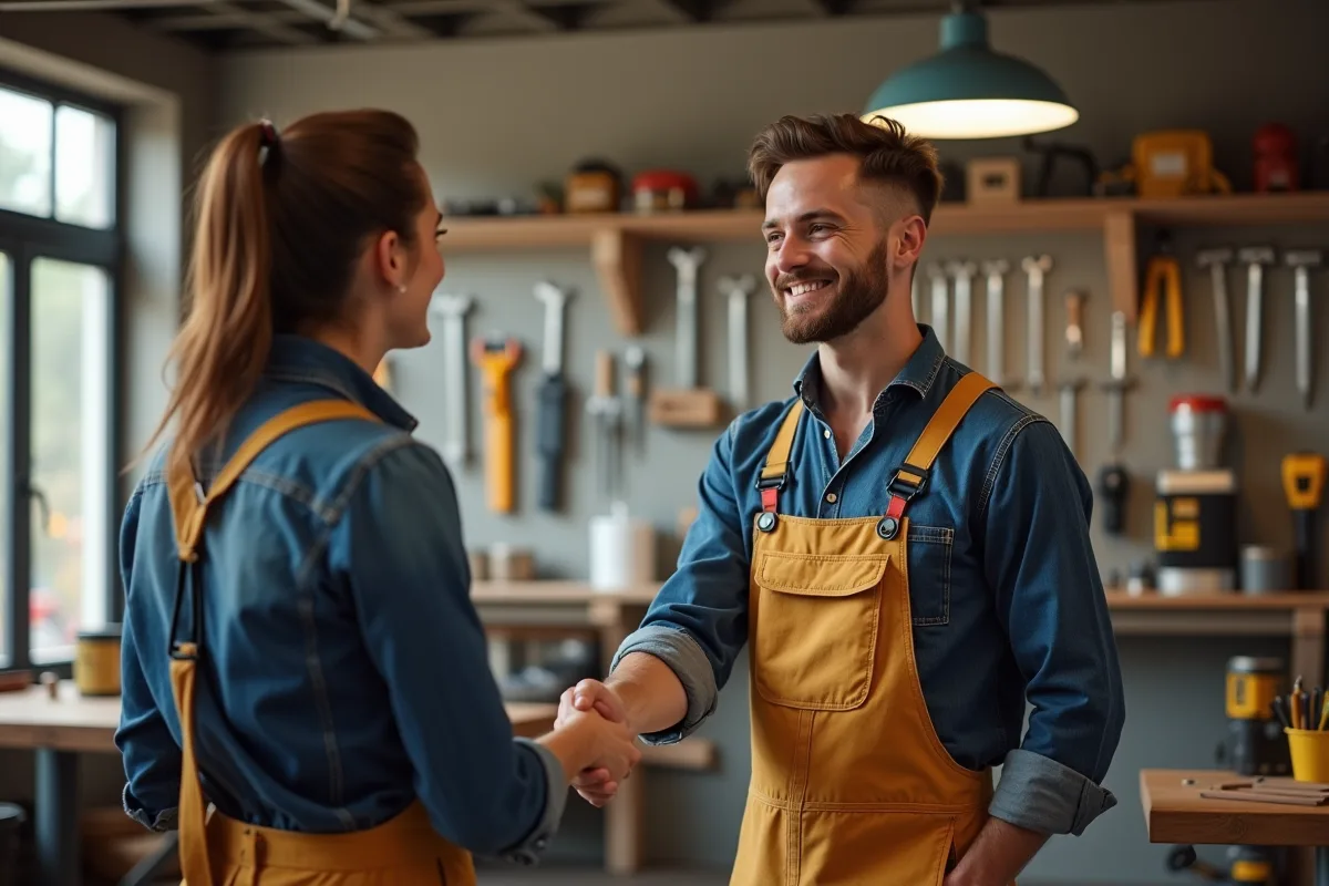 Artisan souriant dans son atelier propre et bien rangé