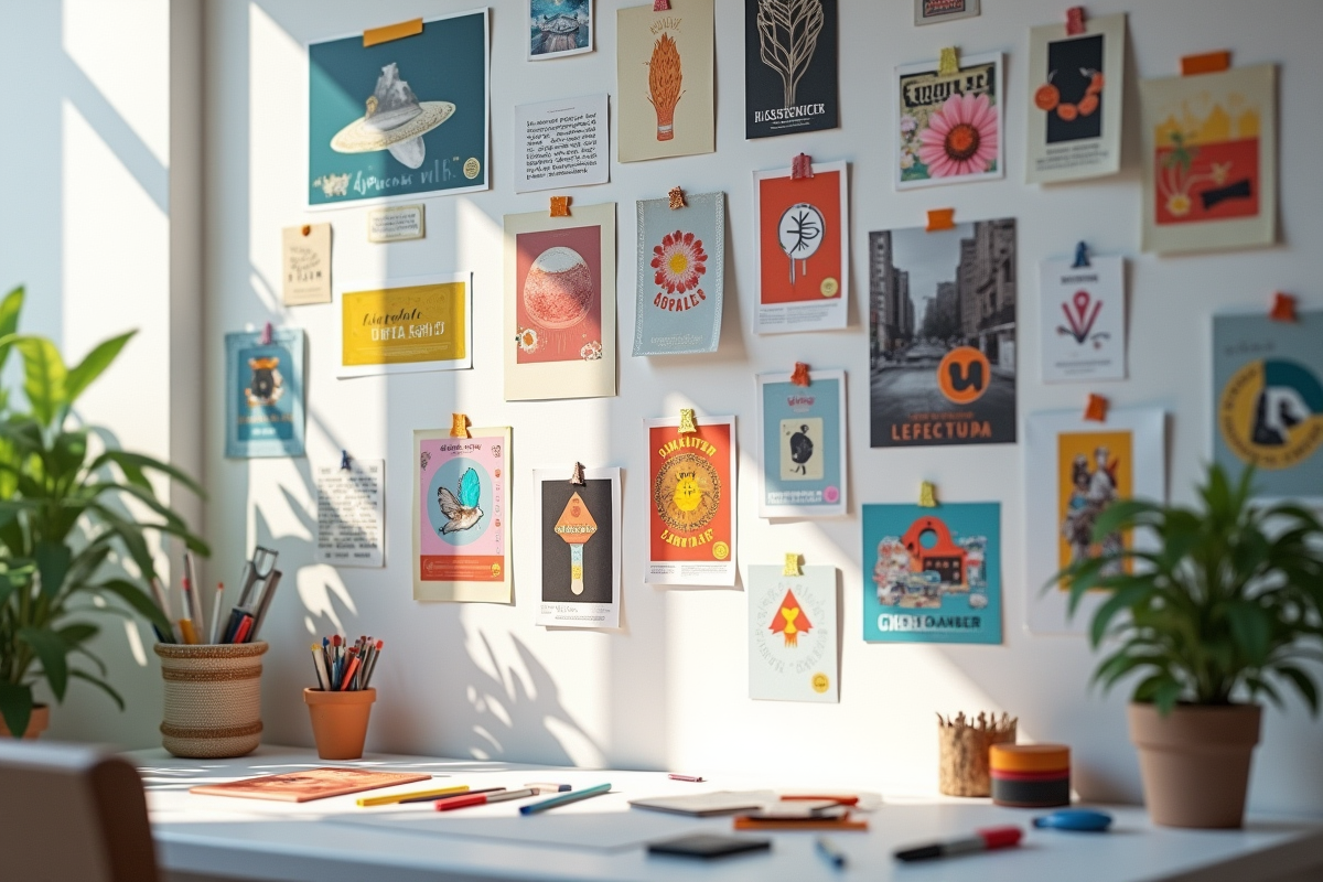Mur de création avec posters et outils de designer