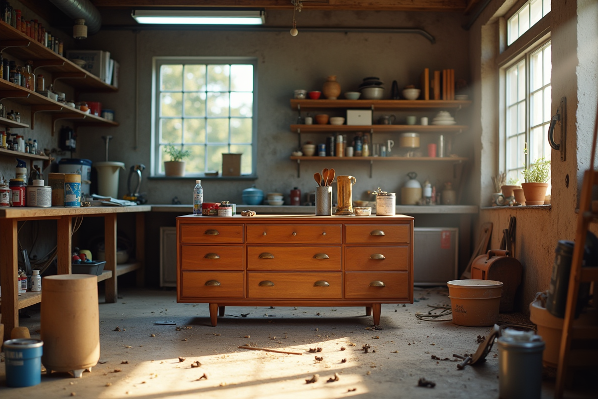 Atelier de bricolage avec meuble vintage en transformation et outils