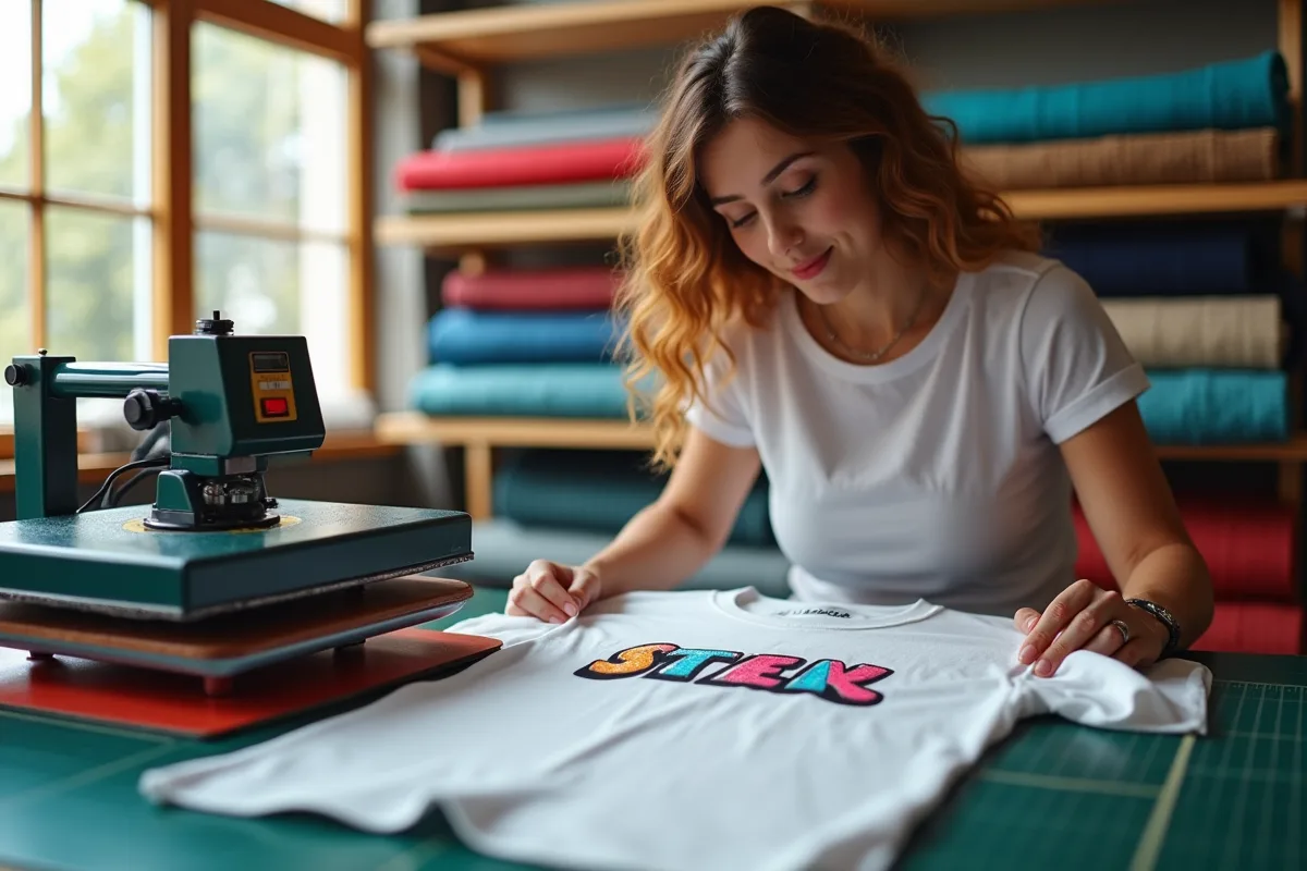 Atelier textile moderne avec une personne utilisant une presse à chaud pour personnaliser un t-shirt blanc