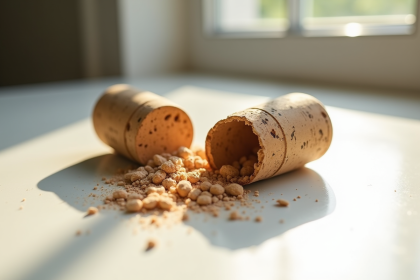 Bouchon de vin en liège endommagé avec morceaux cassés sur une table blanche