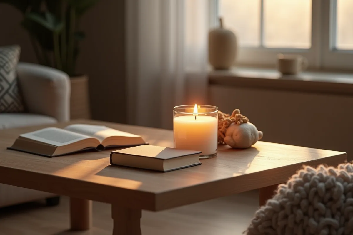 Bougie élégante allumée sur table en bois avec livres et lumière douce