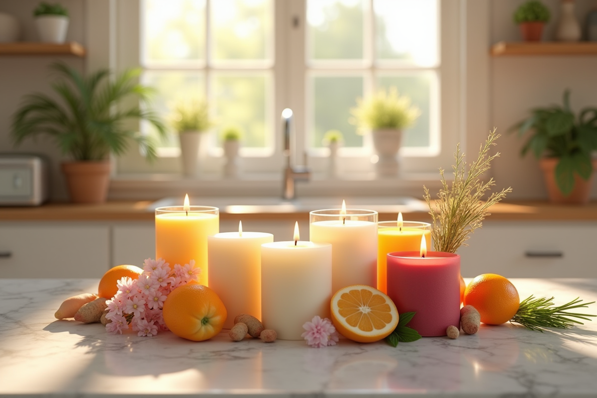 Sélection de bougies parfumées avec fleurs et agrumes sur marbre