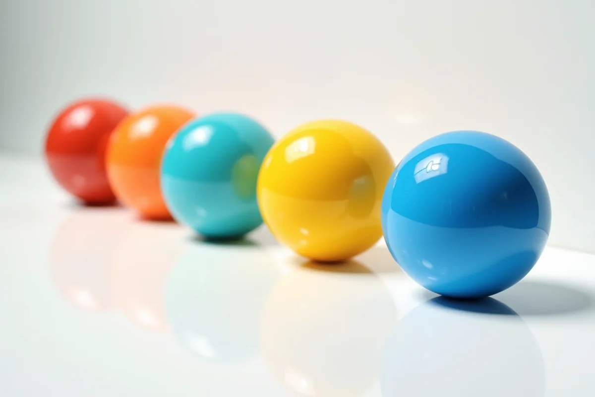 Sphères colorées sur surface blanche avec reflets lumineux