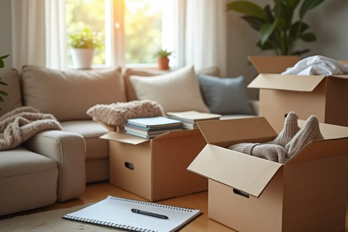 Caisse de déménagement ouverte avec essentiels maison