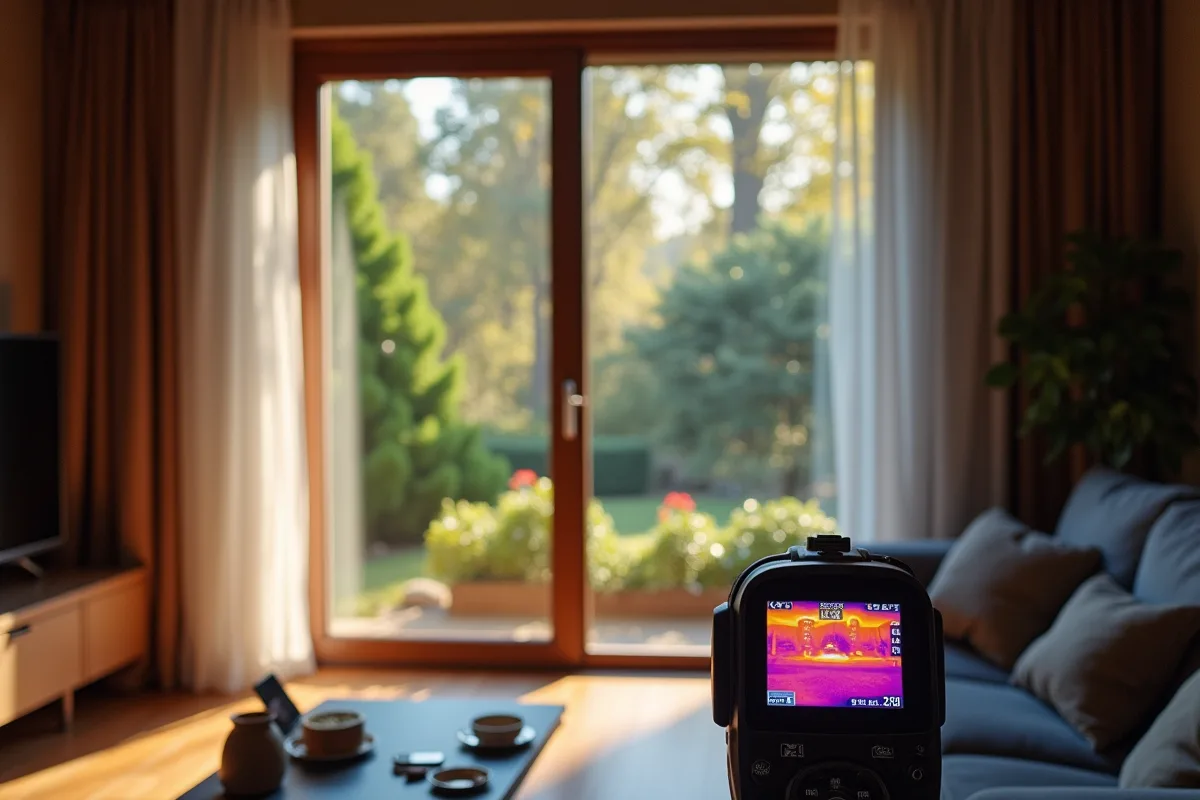 Caméra thermique montrant une fenêtre à double vitrage avec déperditions de chaleur