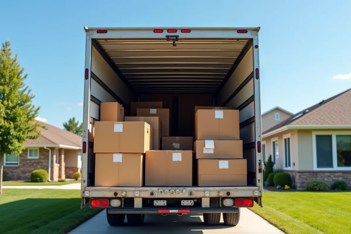 Camion de déménagement avec cartons et meubles devant maison