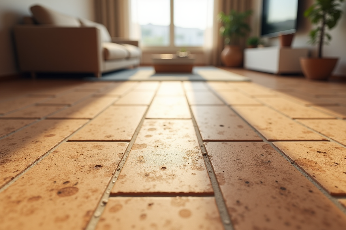 Carrelage en liège usé avec taches et rayures dans un salon lumineux