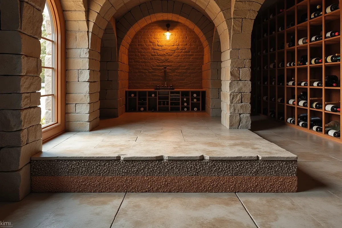 Cave à vin finie avec sol en gravier et étagères rustiques