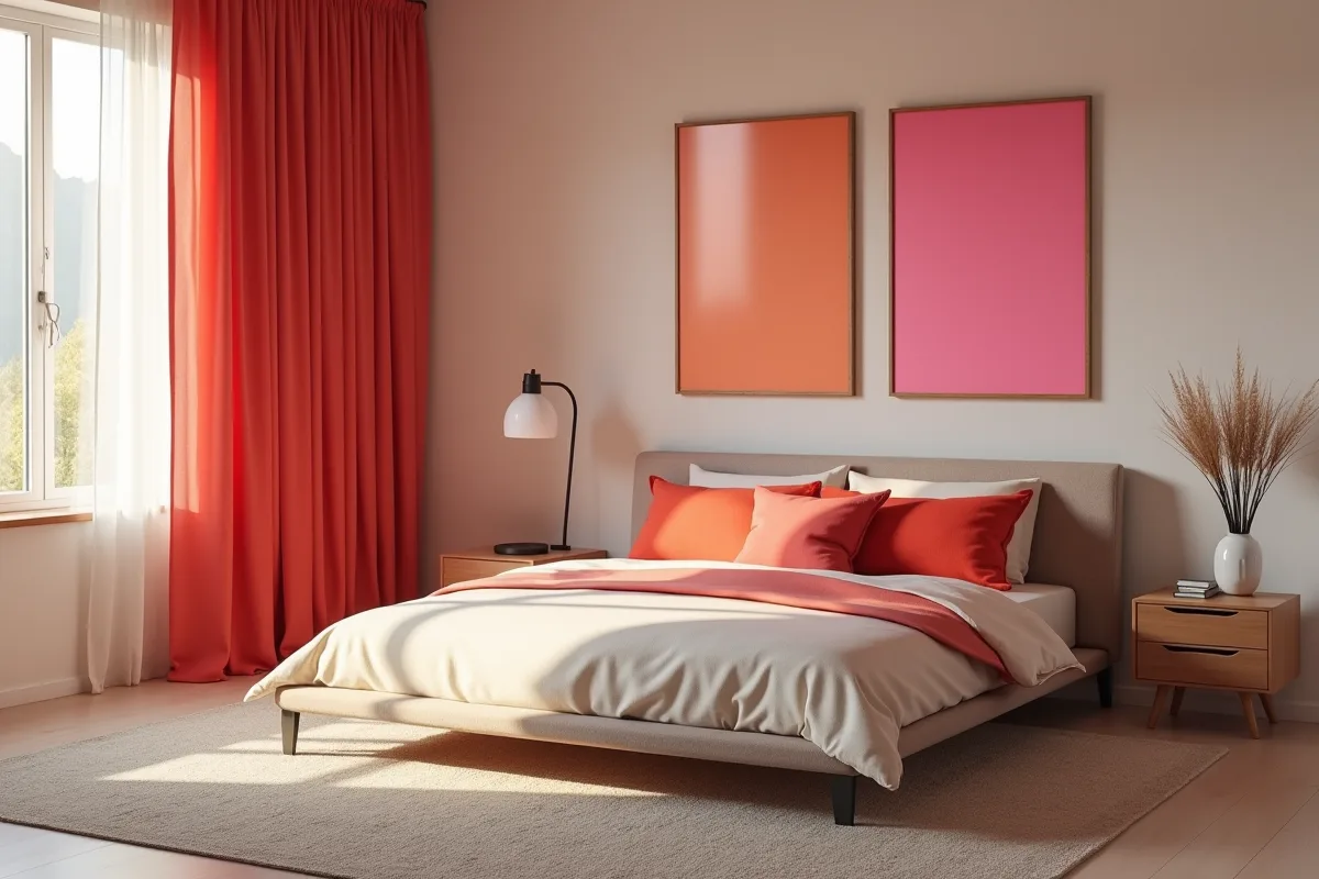 Chambre minimaliste avec lit beige et oreillers rouges et roses fluo