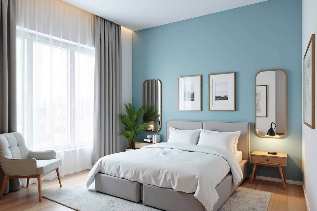 Chambre urbaine avec mur bleu clair et grande luminosite