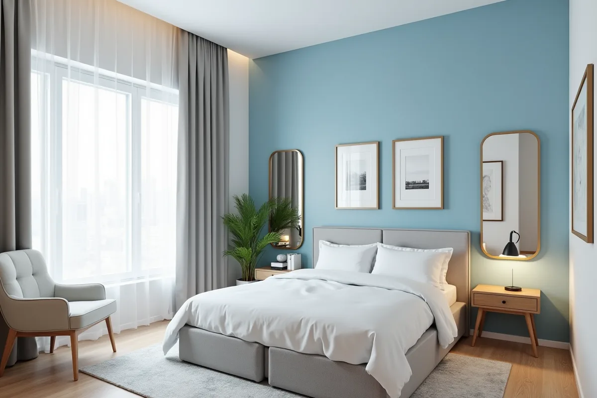 Chambre urbaine avec mur bleu clair et grande luminosite