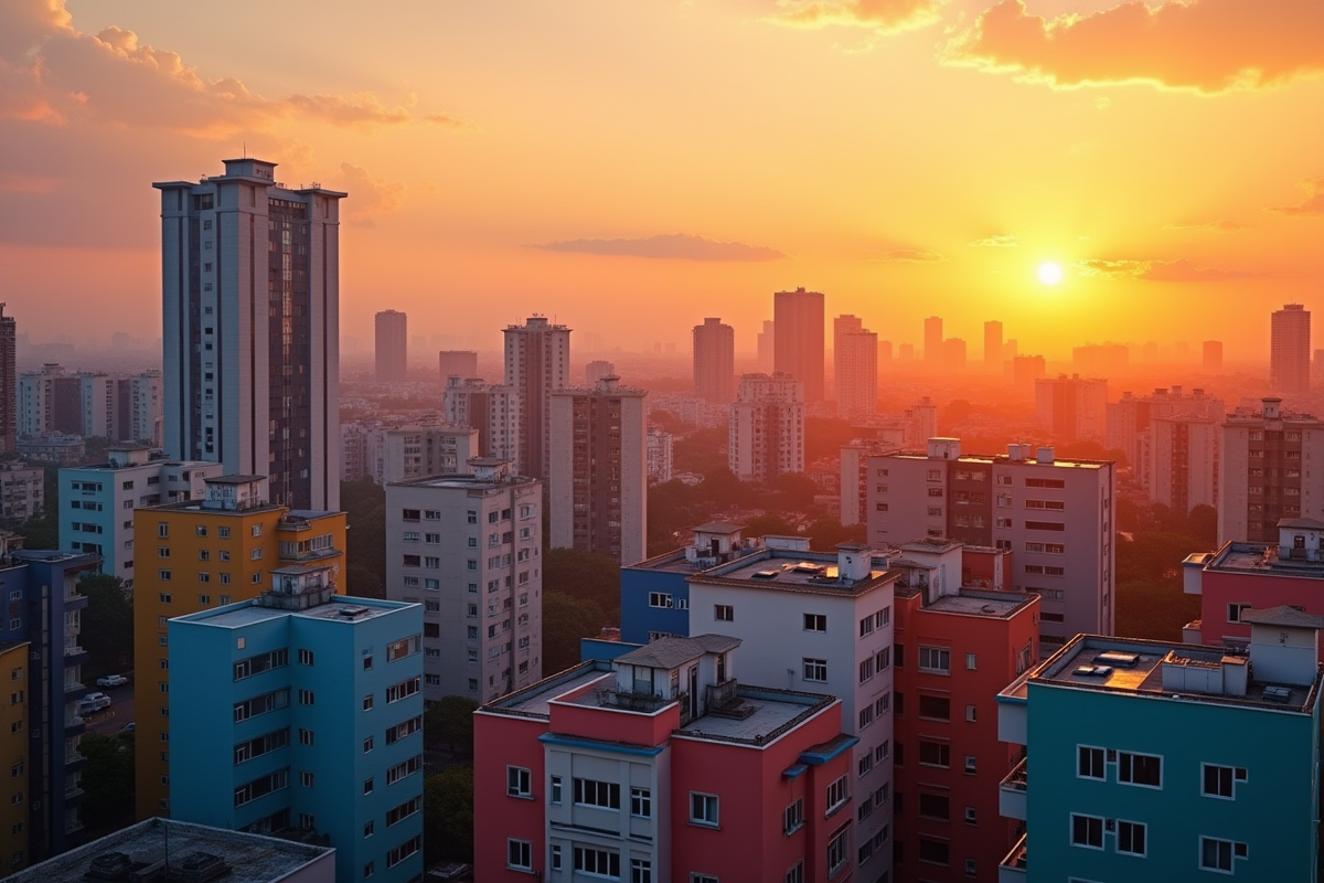 Ville moderne au coucher de soleil avec reflets colorés