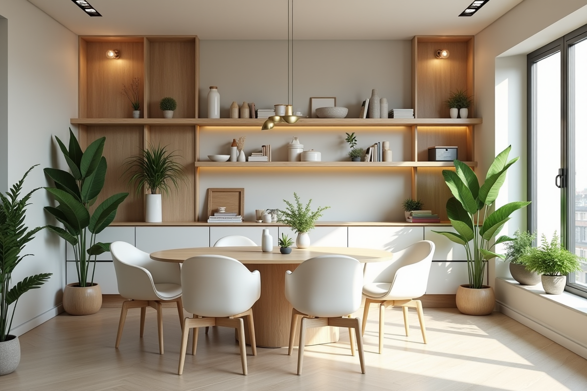 Coin repas avec mobilier clair et plantes vertes