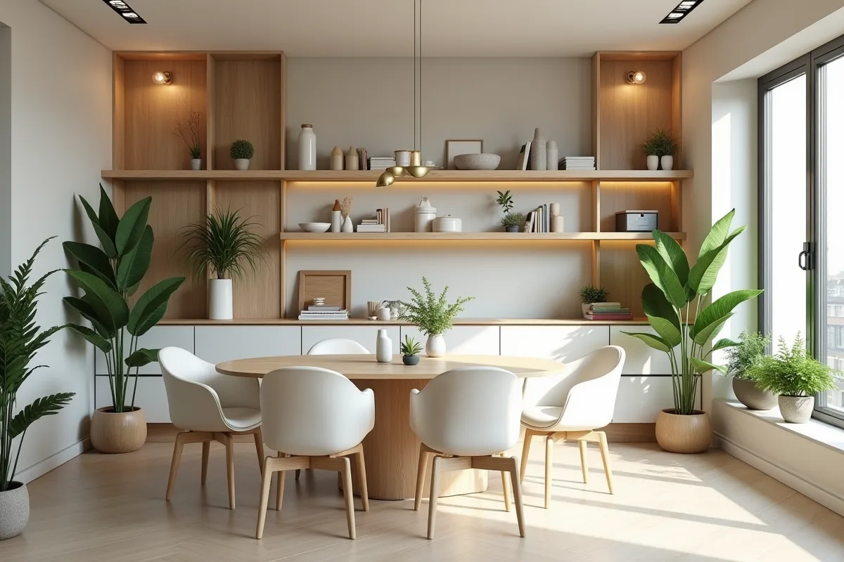 Coin repas avec mobilier clair et plantes vertes