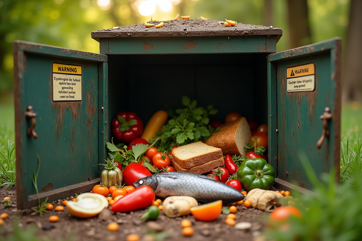 Composteur de jardin ouvert avec déchets organiques et avertissements