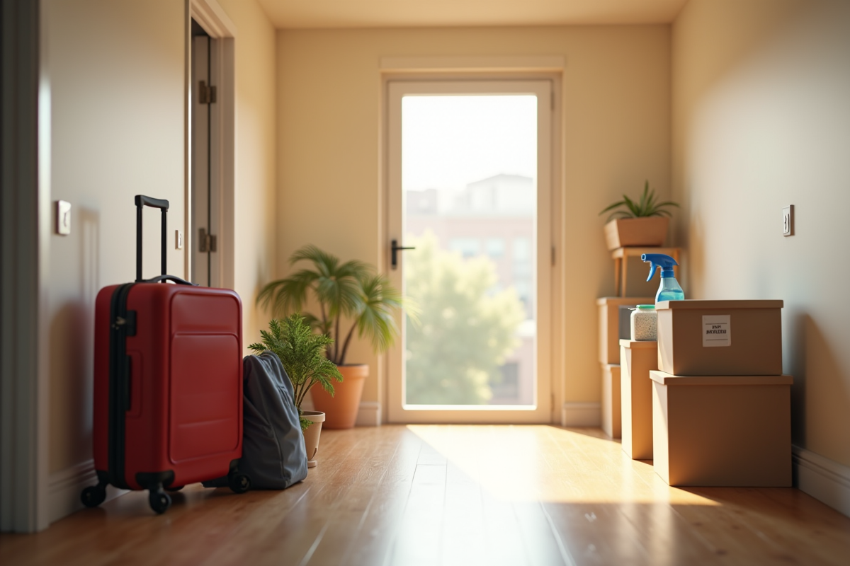 Couloir avec valise et boîtes de rangement prêtes