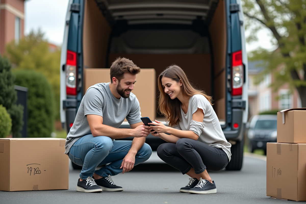 Jeune couple utilisant une application pour estimer des cartons