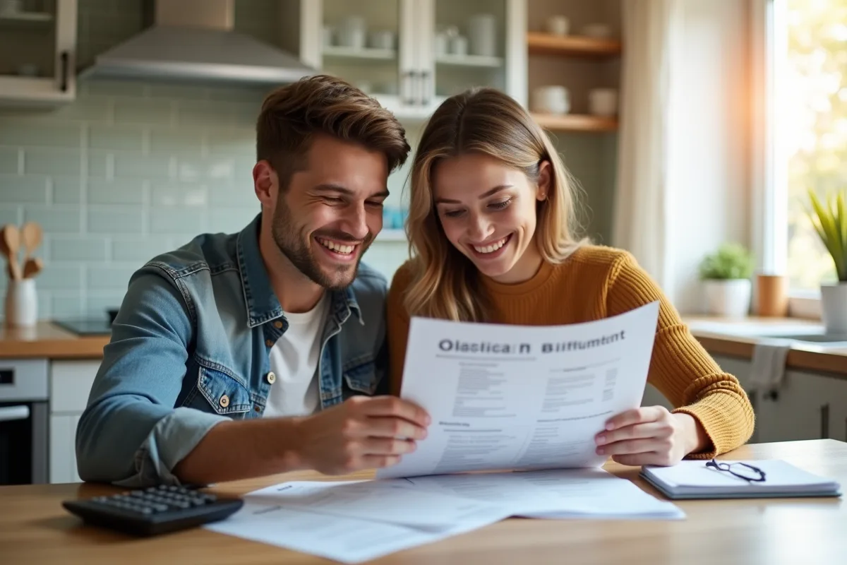 Jeune couple souriant à la maison en vérifiant des factures d énergie