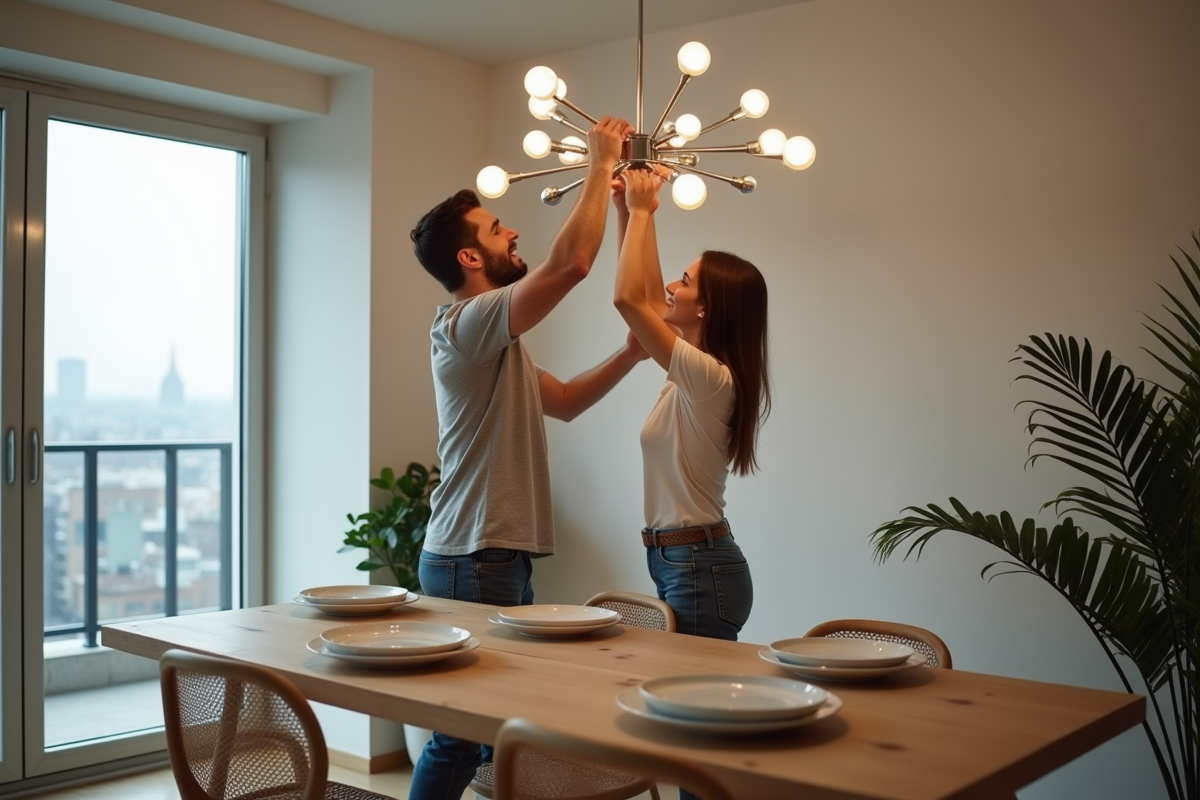 Jeune couple installe un lustre dans leur appartement