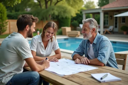 Couple souriant planifiant leur piscine dans le jardin