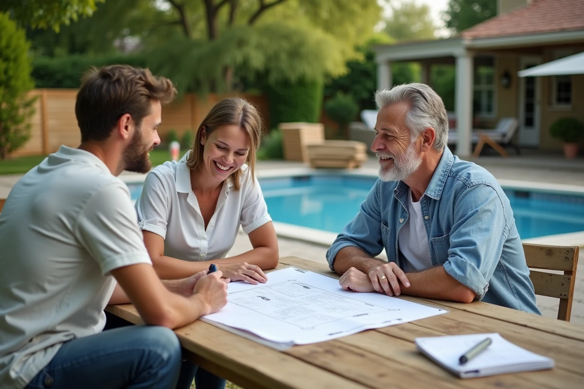Couple souriant planifiant leur piscine dans le jardin