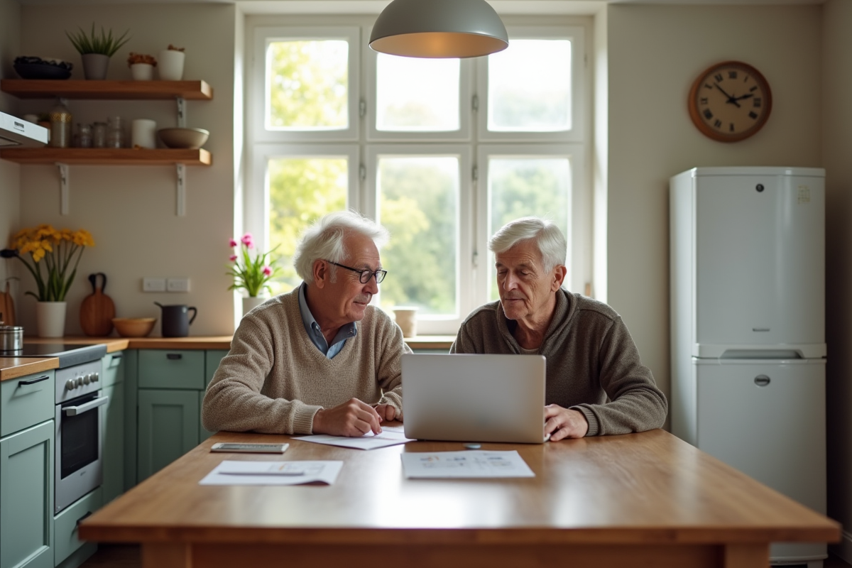 Couple senior examinant documents de financement dans leur cuisine lumineuse