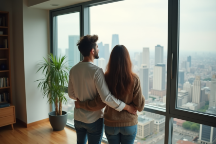 Jeune couple regardant la ville depuis leur appartement moderne