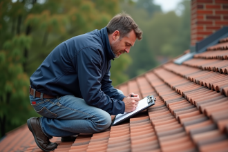 Ouvrier couvreur inspectant un toit résidentiel