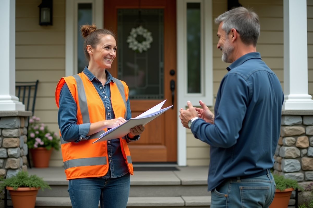 Femme couvreuse discutant avec un couple à la porte