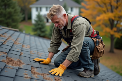 Ouvrier couvreur examinant des tuiles vieillies sur un toit