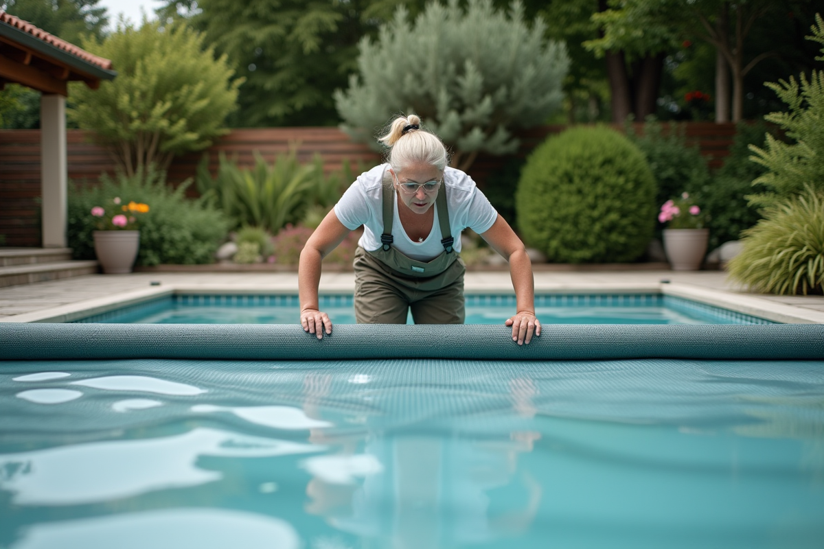 Femme posant une couverture de piscine dans le jardin