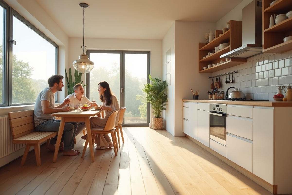 Cuisine contemporaine avec chauffage au sol et famille heureuse