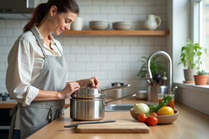 Femme arrangeant outils de cuisine modernes dans une cuisine lumineuse