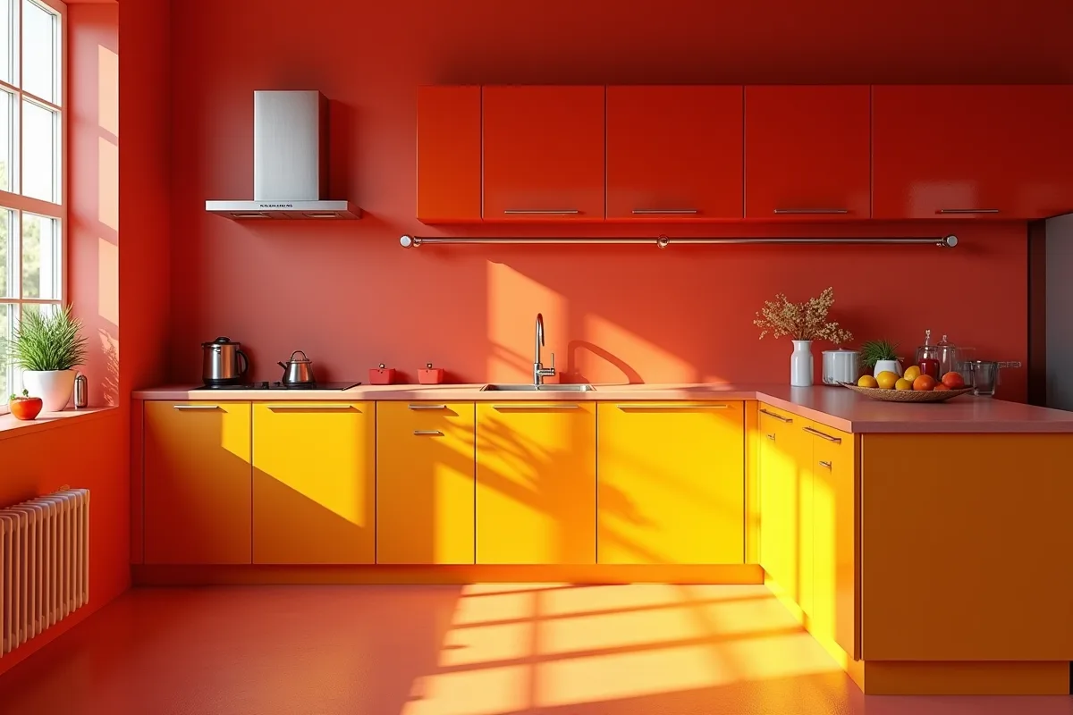 Cuisine moderne aux murs rouges et meubles orange