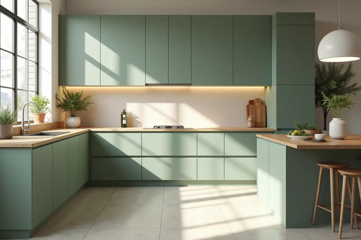 Cuisine moderne avec meubles vert sauge et plan de travail en chêne