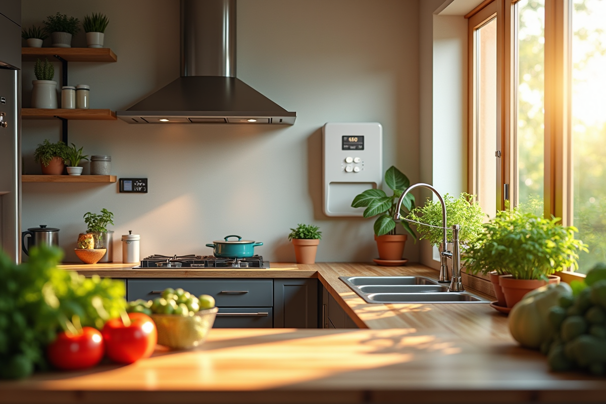 Cuisine chaleureuse avec énergie renouvelable et légumes du jardin