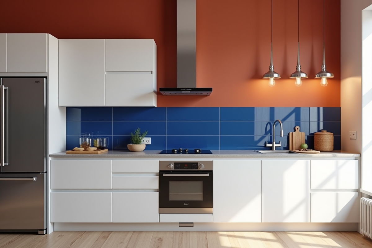 Cuisine contemporaine avec murs terracotta et dosseret bleu vif