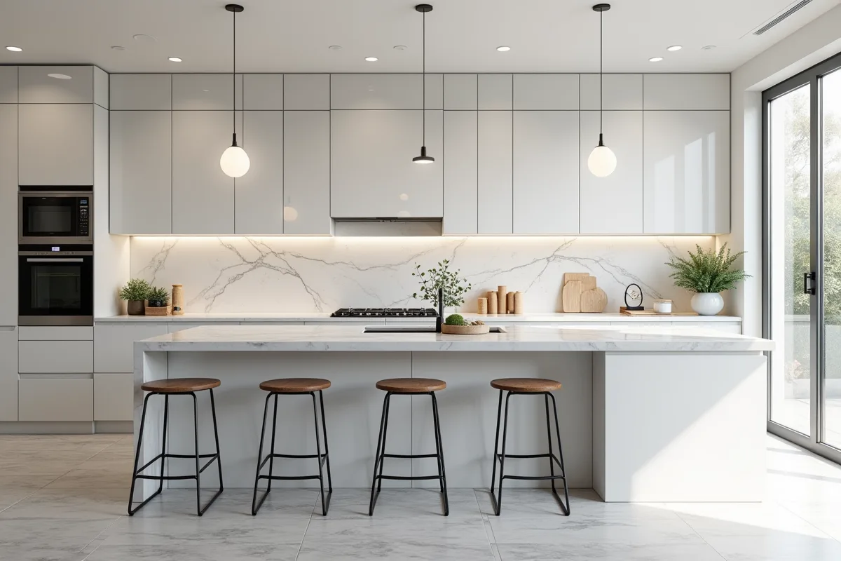 Cuisine moderne avec îlot central et grande luminosité