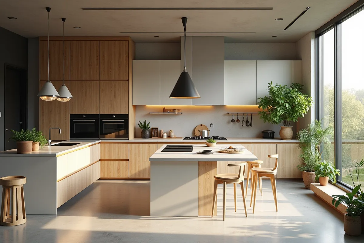 Cuisine moderne ouverte avec îlot central et plantes vertes