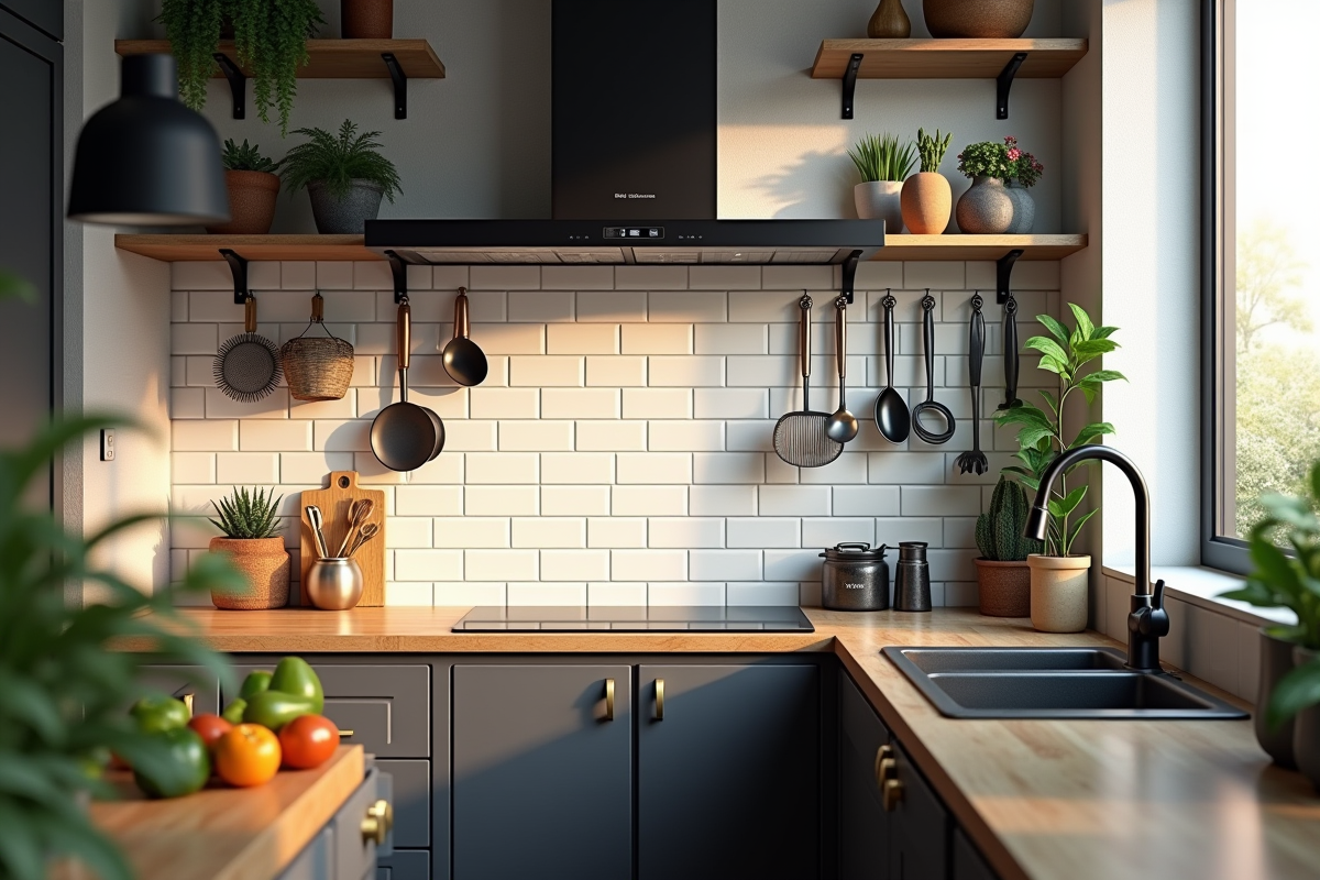 Cuisine urbaine compacte avec rangement et ustensiles colorés