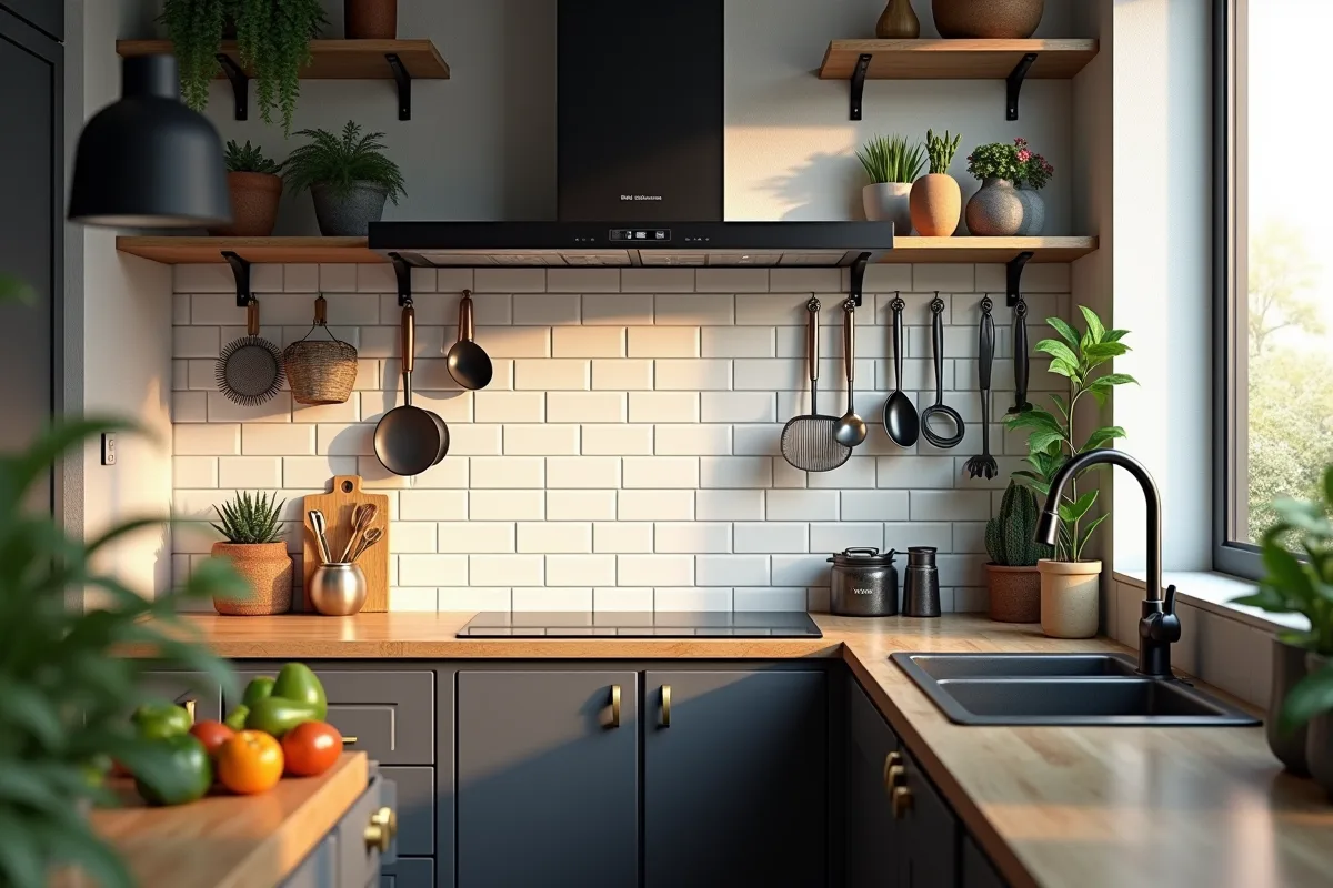 Cuisine urbaine compacte avec rangement et ustensiles colorés