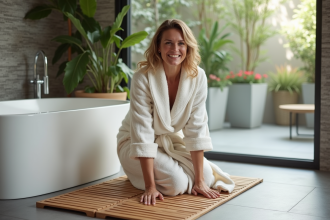 Femme souriante en peignoir arrangeant un tapis de bain en bois