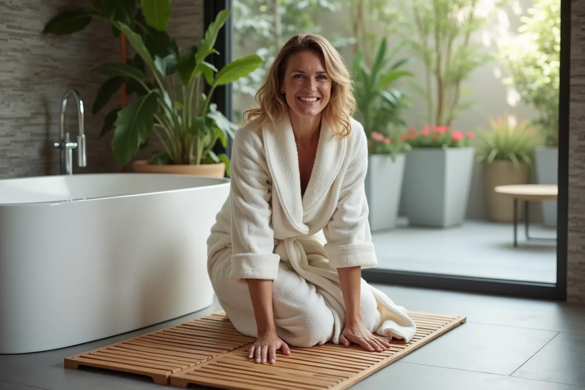Femme souriante en peignoir arrangeant un tapis de bain en bois