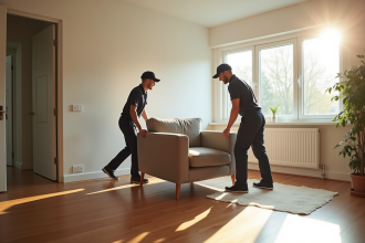 Deux livreurs en uniforme transportent un vieux canapé dans un salon lumineux
