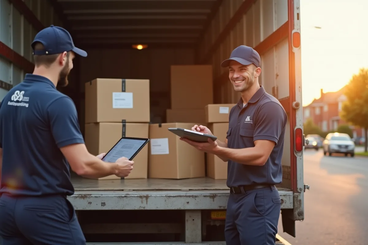 Deux déménageurs professionnels chargent des cartons étiquetés dans un camion